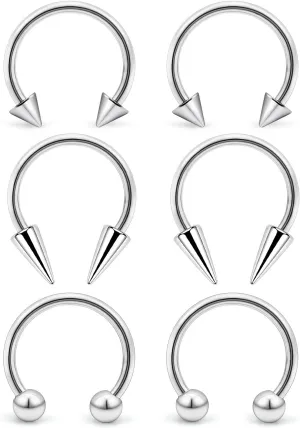 6Pcs Septum Rings 16G Surgical Steel Snake Bite Jewelry Long Spike Horseshoe Lip Rings Smiley Piercing Jewelry for Women Men 8mm 10mm