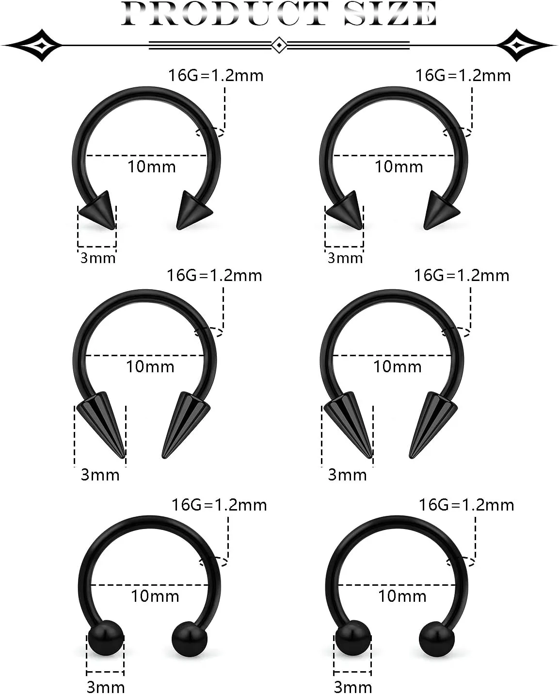 6Pcs Septum Rings 16G Surgical Steel Snake Bite Jewelry Long Spike Horseshoe Lip Rings Smiley Piercing Jewelry for Women Men 8mm 10mm