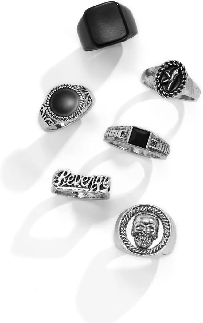 6Pcs Vintage Punk Gold Rings Set for Men Women, Skull Cool Style Hip Hop Statement Stacking Rings, Gothic Biker Rock Rapper Jewelry Revenge Skull Trendy Dainty Rings