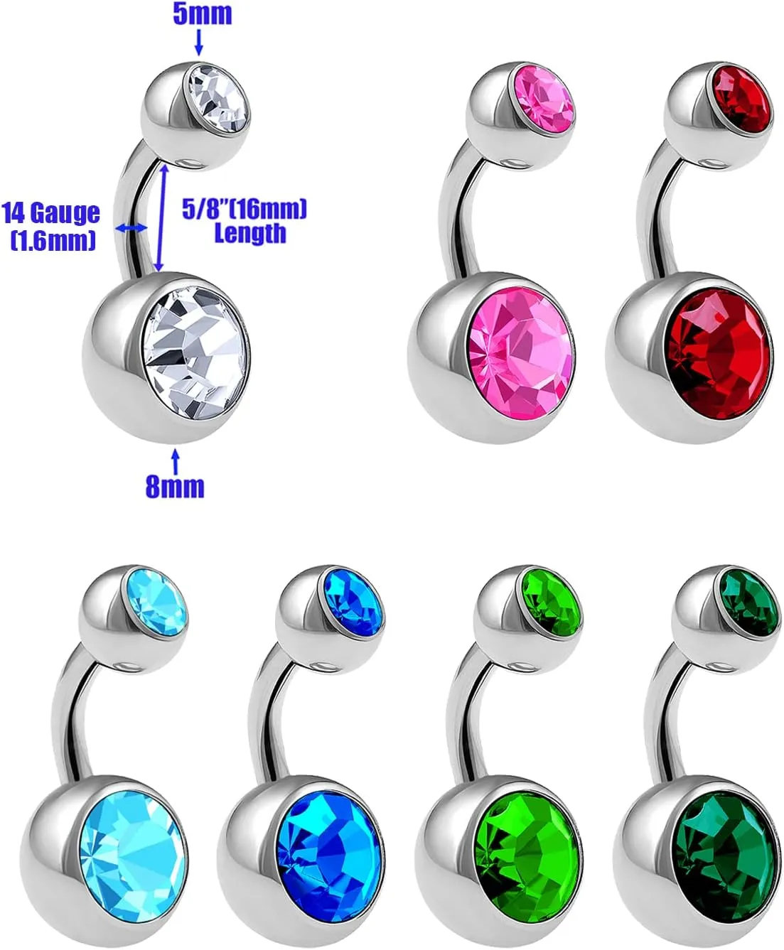 7Pcs Steel 14g Belly Button Rings Piercing Jewelry 8mm 5mm Clear Rose Lt.Siam Aqua Sapphire Peridot Emerald Ball More Choices