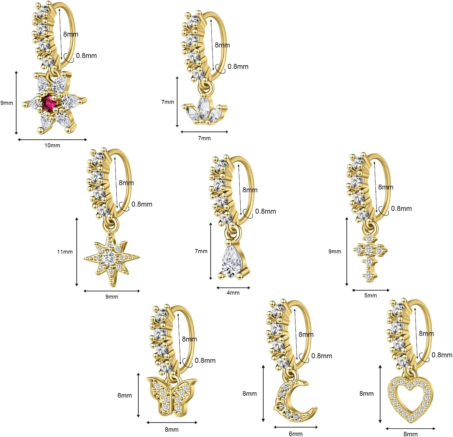 8-10Pcs 20G Nose Rings for Women Copper Nose Piercing Jewelry Cz Flower Feather Nose Hoop Ring Ear Cartilage Septum Daith Tragus Helix Lip Piercing Silver Gold Rose Gold