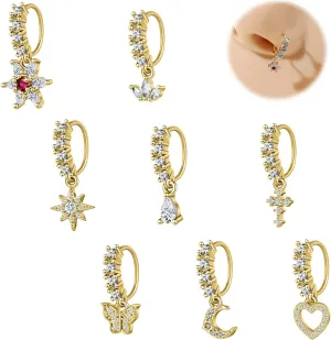 8-10Pcs 20G Nose Rings for Women Copper Nose Piercing Jewelry Cz Flower Feather Nose Hoop Ring Ear Cartilage Septum Daith Tragus Helix Lip Piercing Silver Gold Rose Gold