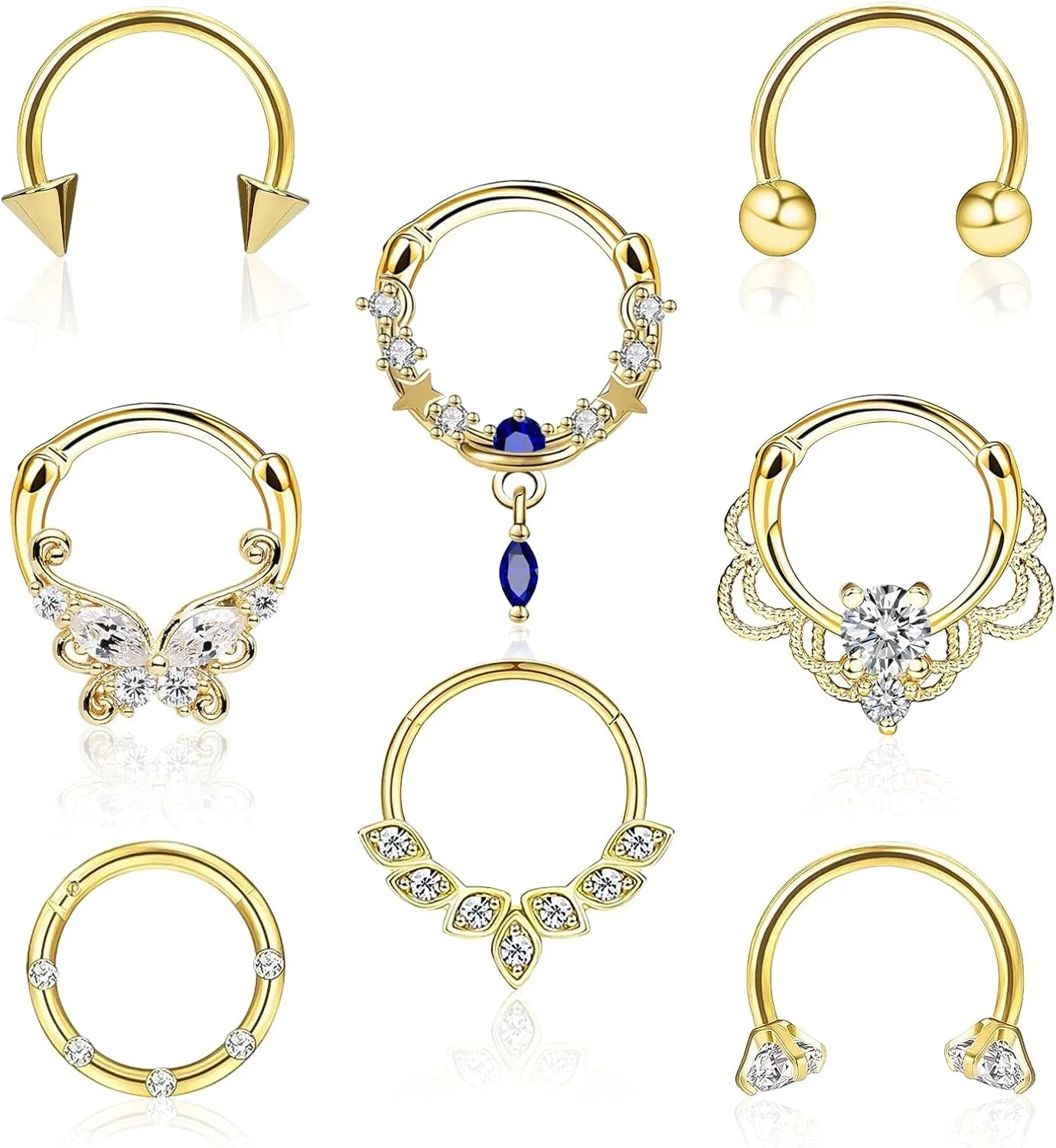 8pcs Septum Rings 16g Surgical Steel Nose Rings Hoops Septum Clicker Daith Piercing Jewelry Silver Butterfly CZ Horseshoe Nose Lip Ring For Women Men 8MM 10MM