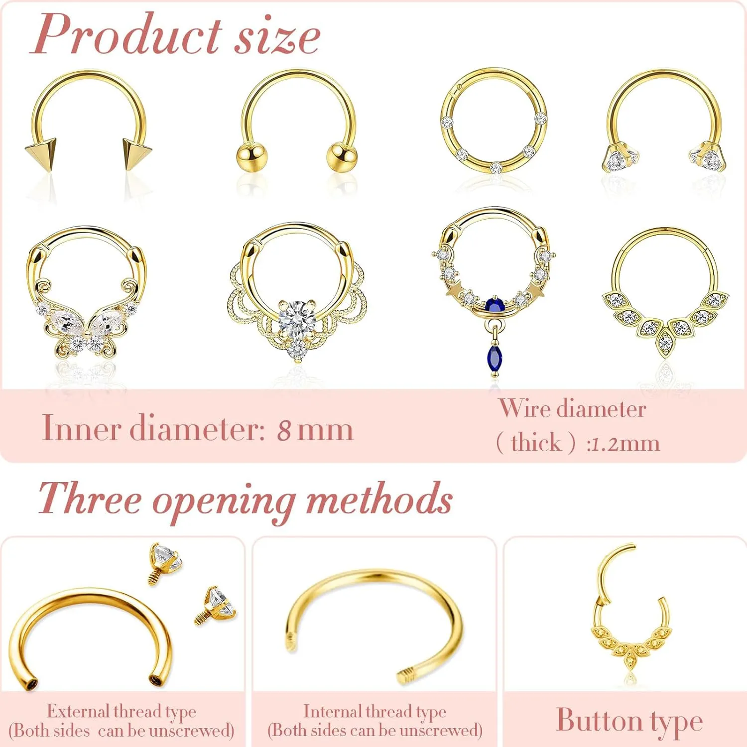 8pcs Septum Rings 16g Surgical Steel Nose Rings Hoops Septum Clicker Daith Piercing Jewelry Silver Butterfly CZ Horseshoe Nose Lip Ring For Women Men 8MM 10MM