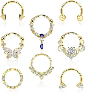 8pcs Septum Rings 16g Surgical Steel Nose Rings Hoops Septum Clicker Daith Piercing Jewelry Silver Butterfly CZ Horseshoe Nose Lip Ring For Women Men 8MM 10MM