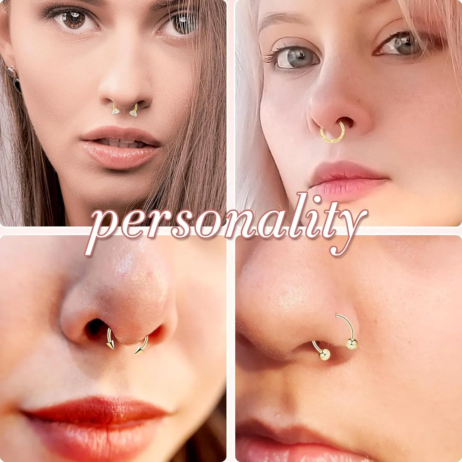 8pcs Septum Rings 16g Surgical Steel Nose Rings Hoops Septum Clicker Daith Piercing Jewelry Silver Butterfly CZ Horseshoe Nose Lip Ring For Women Men 8MM 10MM