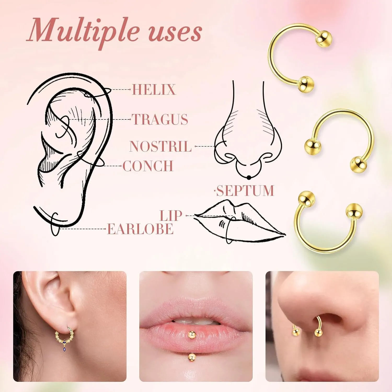 8pcs Septum Rings 16g Surgical Steel Nose Rings Hoops Septum Clicker Daith Piercing Jewelry Silver Butterfly CZ Horseshoe Nose Lip Ring For Women Men 8MM 10MM
