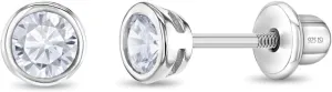 925 Sterling Silver 4mm Bezel Cubic Zirconia Toddler Girls Safety Screw Back Earrings - Locking Back Stud Earrings for Babies to Young Girls - Lightweight and Hypoallergenic Safe for Baby Girls