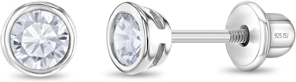 925 Sterling Silver 4mm Bezel Cubic Zirconia Toddler Girls Safety Screw Back Earrings - Locking Back Stud Earrings for Babies to Young Girls - Lightweight and Hypoallergenic Safe for Baby Girls
