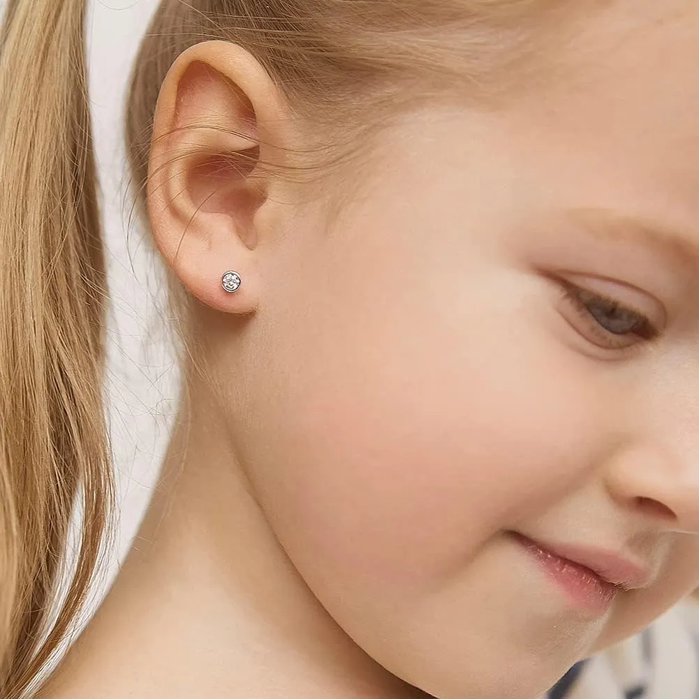925 Sterling Silver 4mm Bezel Cubic Zirconia Toddler Girls Safety Screw Back Earrings - Locking Back Stud Earrings for Babies to Young Girls - Lightweight and Hypoallergenic Safe for Baby Girls