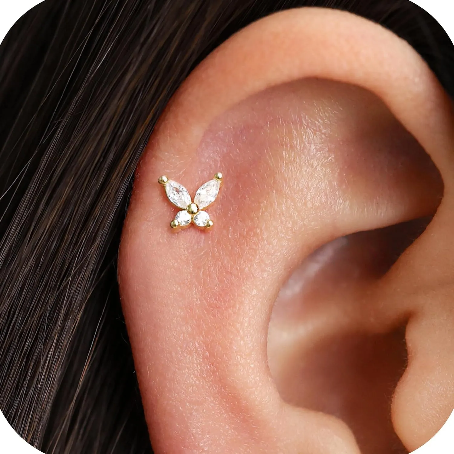 925 Sterling Silver Butterfly Gold Screw Back Stud Earrings for Women/Girls, Small Stud Earrings for Helix Cartilage Tragus Earlobe Conch Piercing Jewelry 20 Gauge