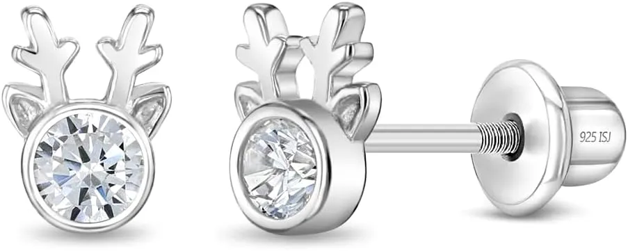 925 Sterling Silver Clear Cubic Zirconia Holiday Reindeer Safety Screw Back Earrings For Children - Little Girls Christmas Themed Earrings