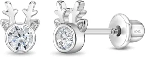 925 Sterling Silver Clear Cubic Zirconia Holiday Reindeer Safety Screw Back Earrings For Children - Little Girls Christmas Themed Earrings
