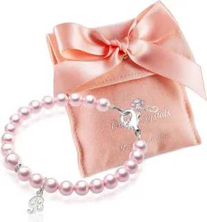 925 Sterling Silver Daisy Initial Bracelet, Pink Pearl Charm Bracelet with A-Z Letter Charms, Personalized Baby jewelry, Baptism Gifts for Girl, Birthday Gifts, Bracelets for Girls