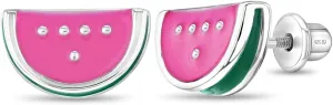 925 Sterling Silver Fuchsia Enamel Watermelon Fruit Girls Screw Back Earrings - Fruit Earrings for Toddlers, Young Girls and Pre Teens - Bright Colored Fruit Enamel Earrings