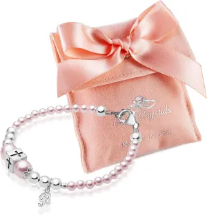 925 Sterling Silver Initial Bracelet, Pink Pearl Charm Bracelet with Letter Charms, Baby Girl jewelry, Baptism Gifts for Girl, Birthday Gifts, Bracelets for Girls