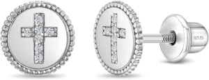925 Sterling Silver Religious Cross Safety Screw Back Earrings For Young Girls and Preteens - Beautiful Cubic Zirconia Cross Earrings For A Child