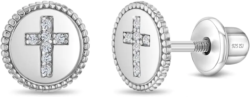 925 Sterling Silver Religious Cross Safety Screw Back Earrings For Young Girls and Preteens - Beautiful Cubic Zirconia Cross Earrings For A Child