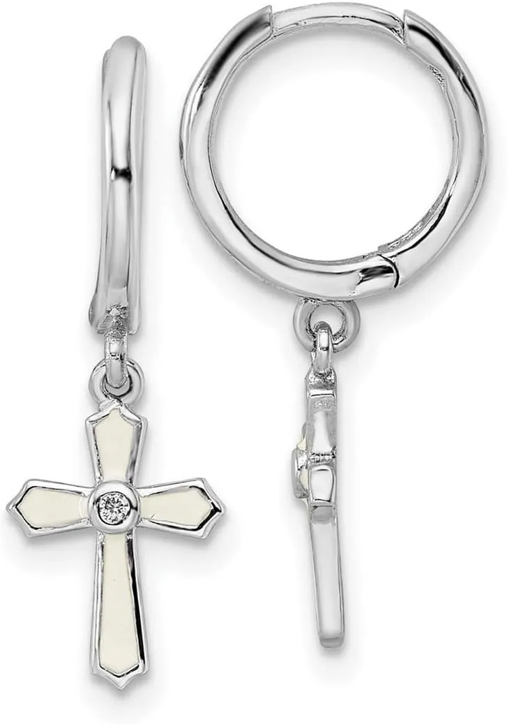 925 Sterling Silver Rhodium Plated CZ Simulated Diamond White Enamel Religious Faith Cross Dangle Hoop Earrings 124.15x11.3mm Wide-Hoop Earring for Women