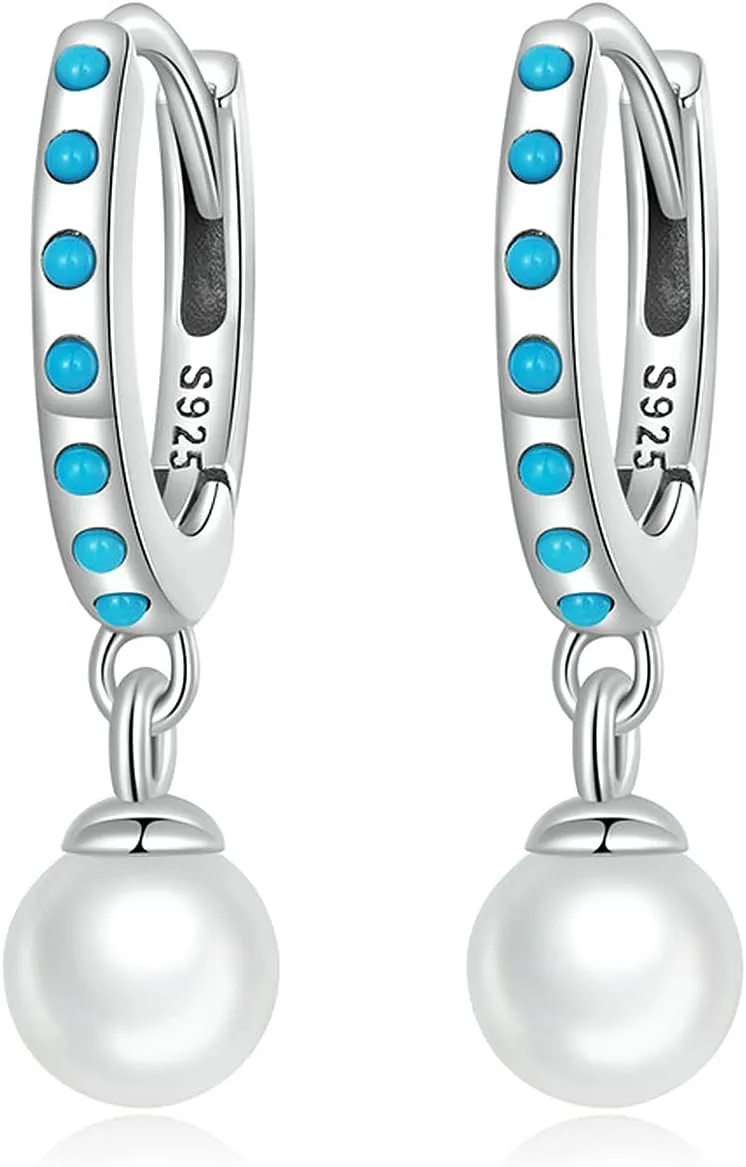 925 Sterling Silver Turquoise Earrings with Imitation Pearl Dangle Hoop Earrings for Women