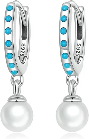 925 Sterling Silver Turquoise Earrings with Imitation Pearl Dangle Hoop Earrings for Women