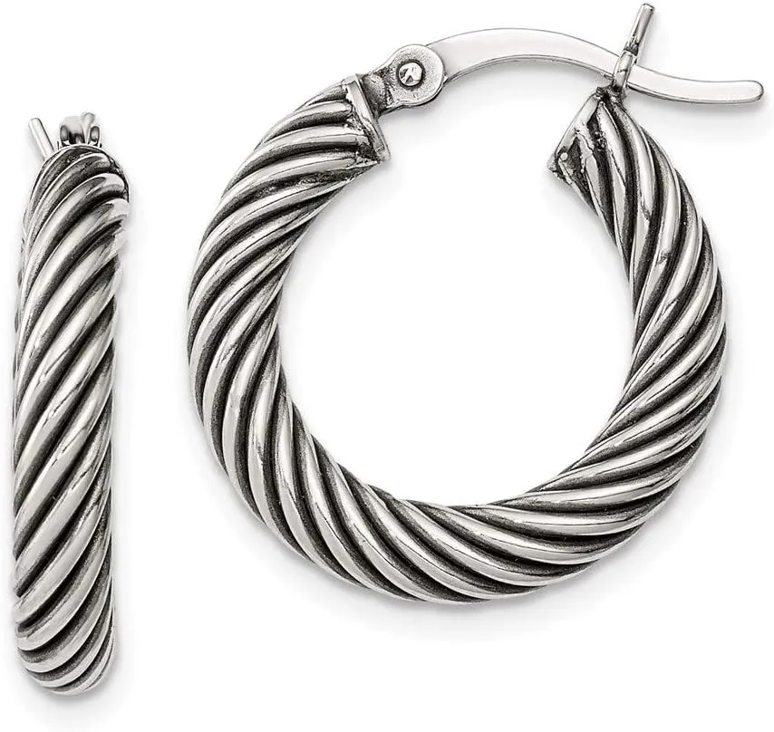 925 Sterling Silver Vintage Antiqued Open Twist Hoop Earrings - 14mm x 4mm