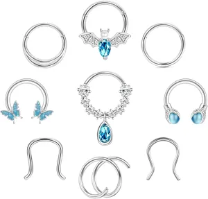 9PCS 16G Septum Rings For Women Men Surgical Steel Clicker Septum Rings Horseshoe Daith Cartilage Helix Tragus Piercing Jewelry 10mm Nose Hoop Ring Septum Piercing Jewelry