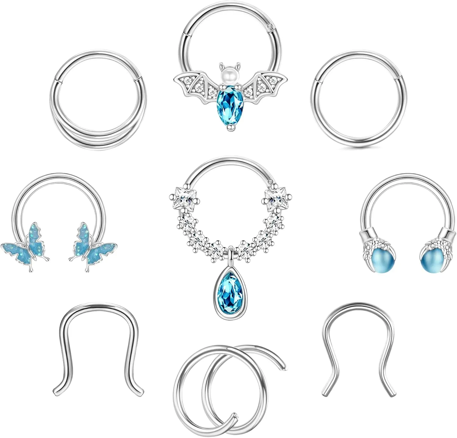 9PCS 16G Septum Rings For Women Men Surgical Steel Clicker Septum Rings Horseshoe Daith Cartilage Helix Tragus Piercing Jewelry 10mm Nose Hoop Ring Septum Piercing Jewelry