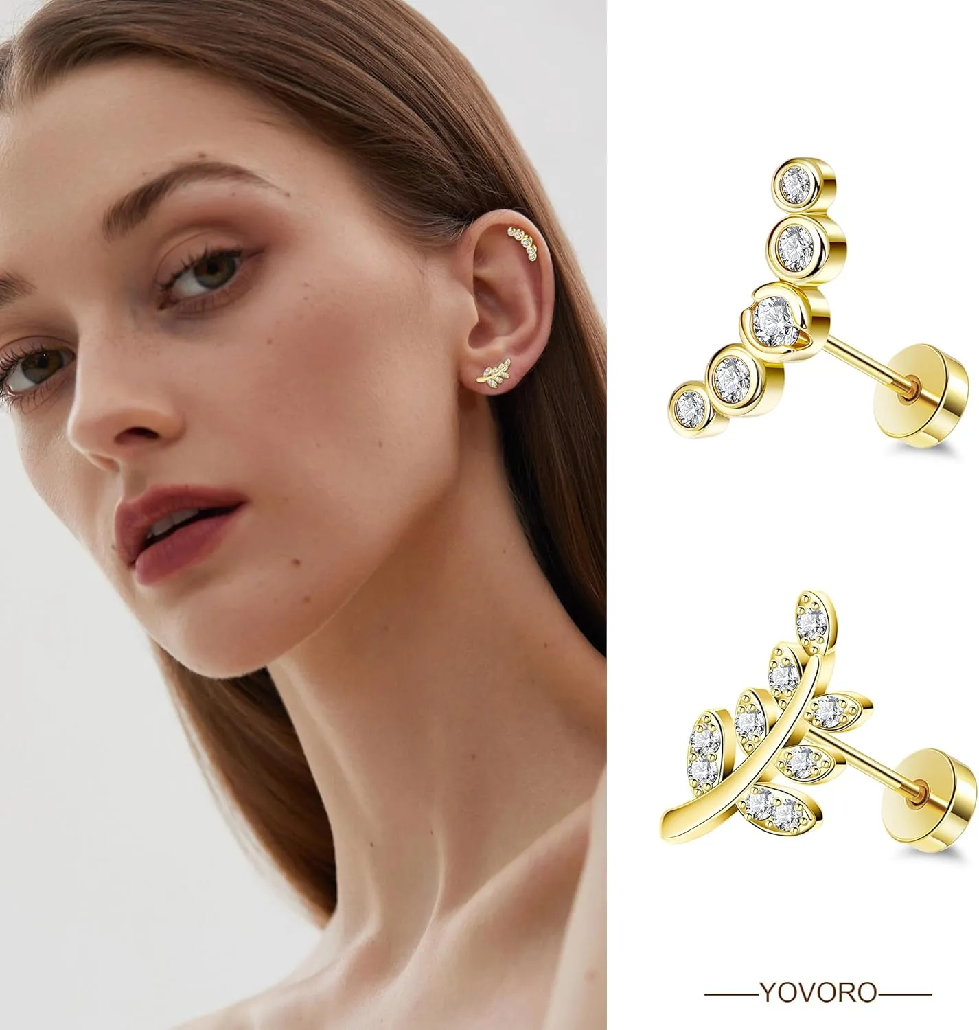 9Pcs 18G 14K Gold 316L Stainless Steel Cartilage Earrings for Women Helix Earrings Dainty Opal Leaf Flat Back Stud Earrings CZ Flower Conch Earrings Piercing Jewelry 6/8MM