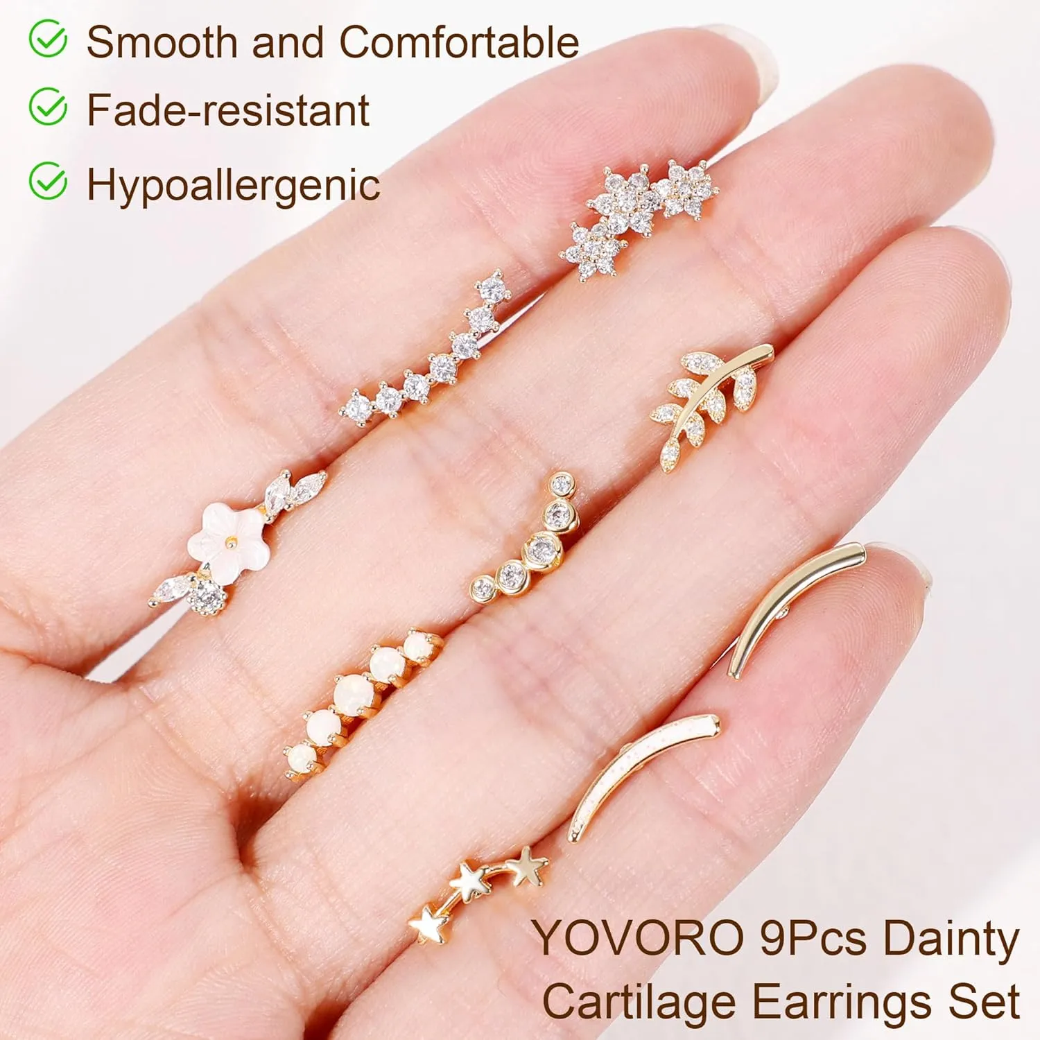 9Pcs 18G 14K Gold 316L Stainless Steel Cartilage Earrings for Women Helix Earrings Dainty Opal Leaf Flat Back Stud Earrings CZ Flower Conch Earrings Piercing Jewelry 6/8MM