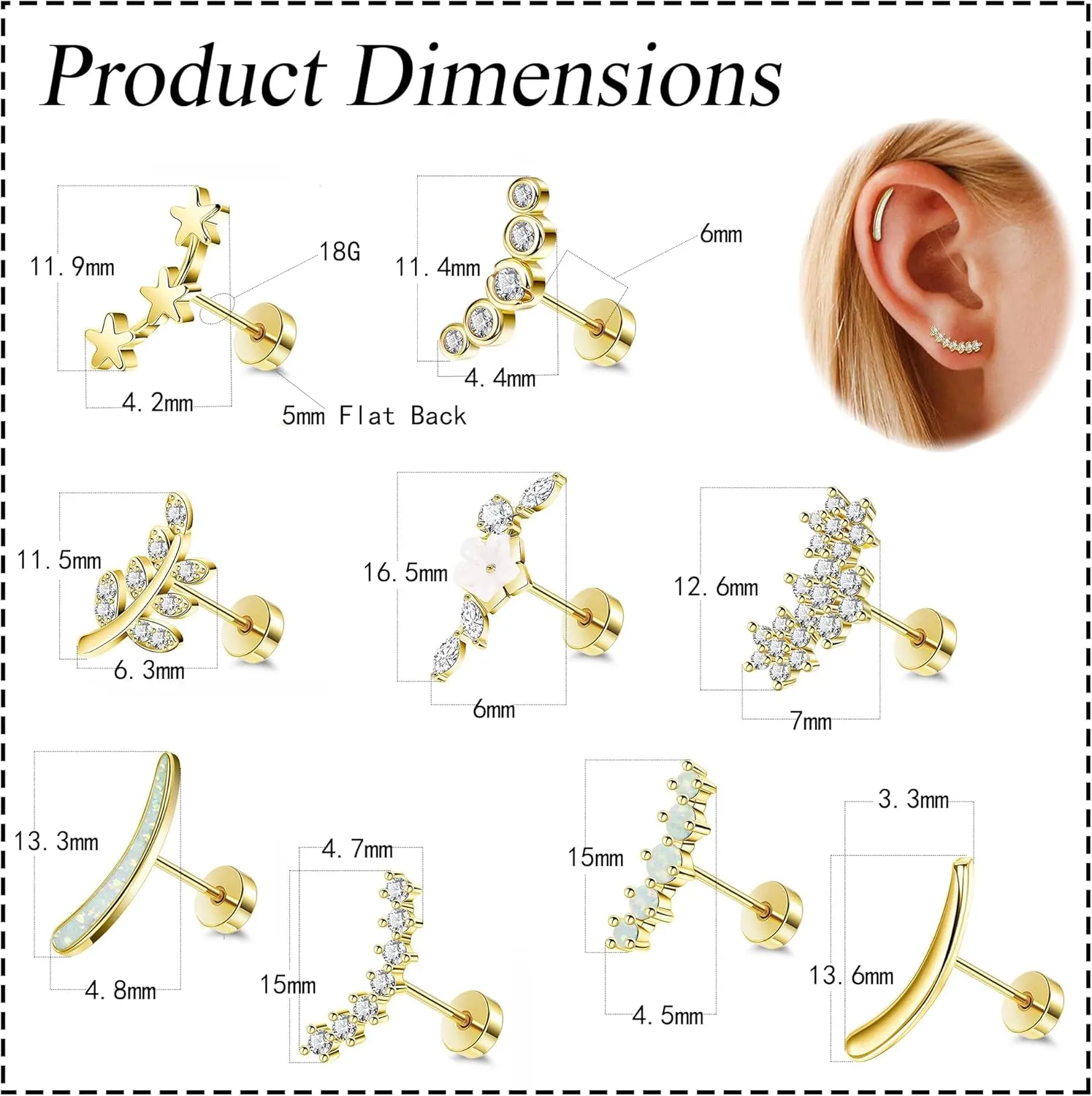 9Pcs 18G 14K Gold 316L Stainless Steel Cartilage Earrings for Women Helix Earrings Dainty Opal Leaf Flat Back Stud Earrings CZ Flower Conch Earrings Piercing Jewelry 6/8MM