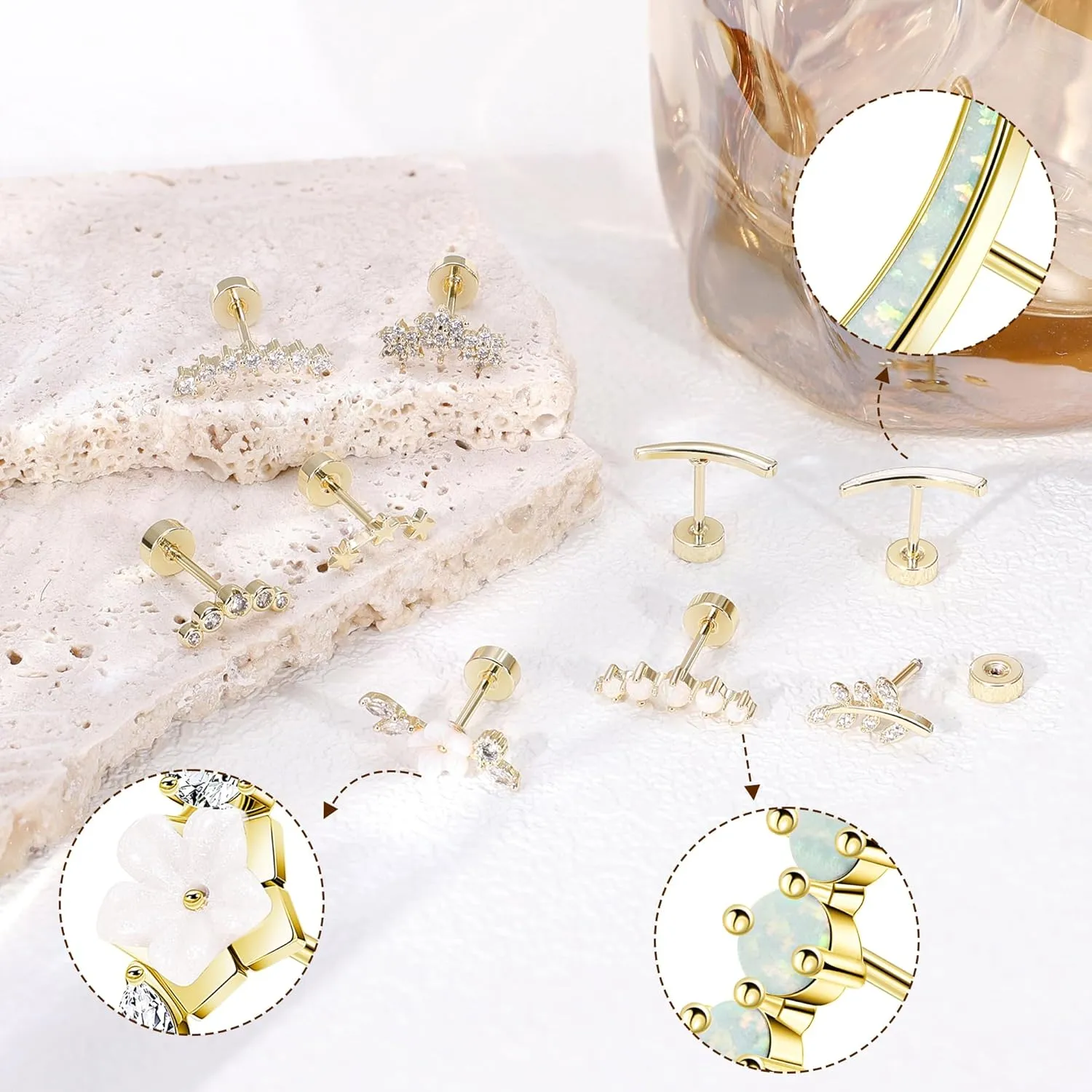 9Pcs 18G 14K Gold 316L Stainless Steel Cartilage Earrings for Women Helix Earrings Dainty Opal Leaf Flat Back Stud Earrings CZ Flower Conch Earrings Piercing Jewelry 6/8MM
