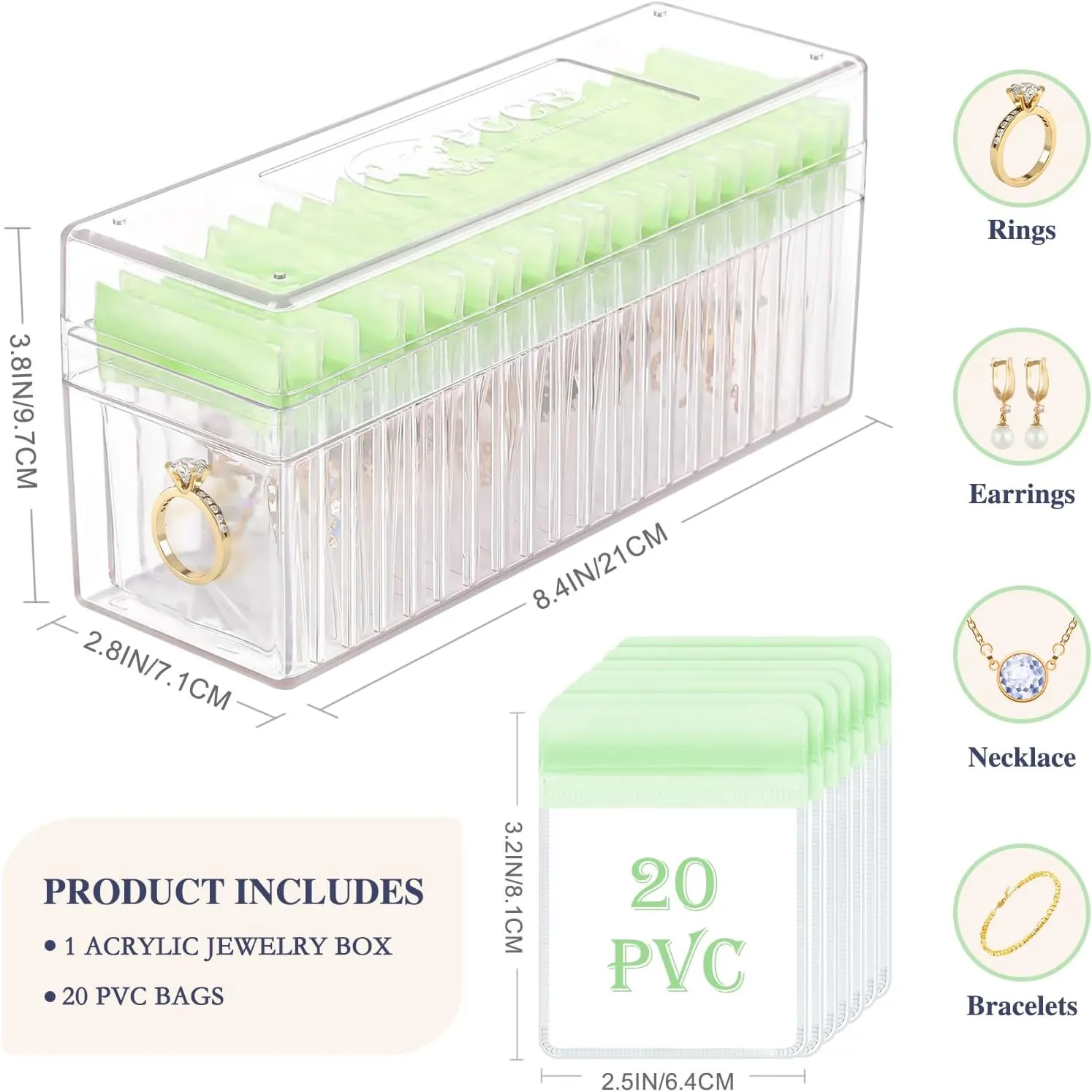 Acrylic Jewelry Box Organizer, Clear Jewelry Organizer Holder with 20 Portable Anti Tarnish Jewelry bags, Travel Jewelry Case for Earrings/Rings/Necklaces for Women Girls, Green