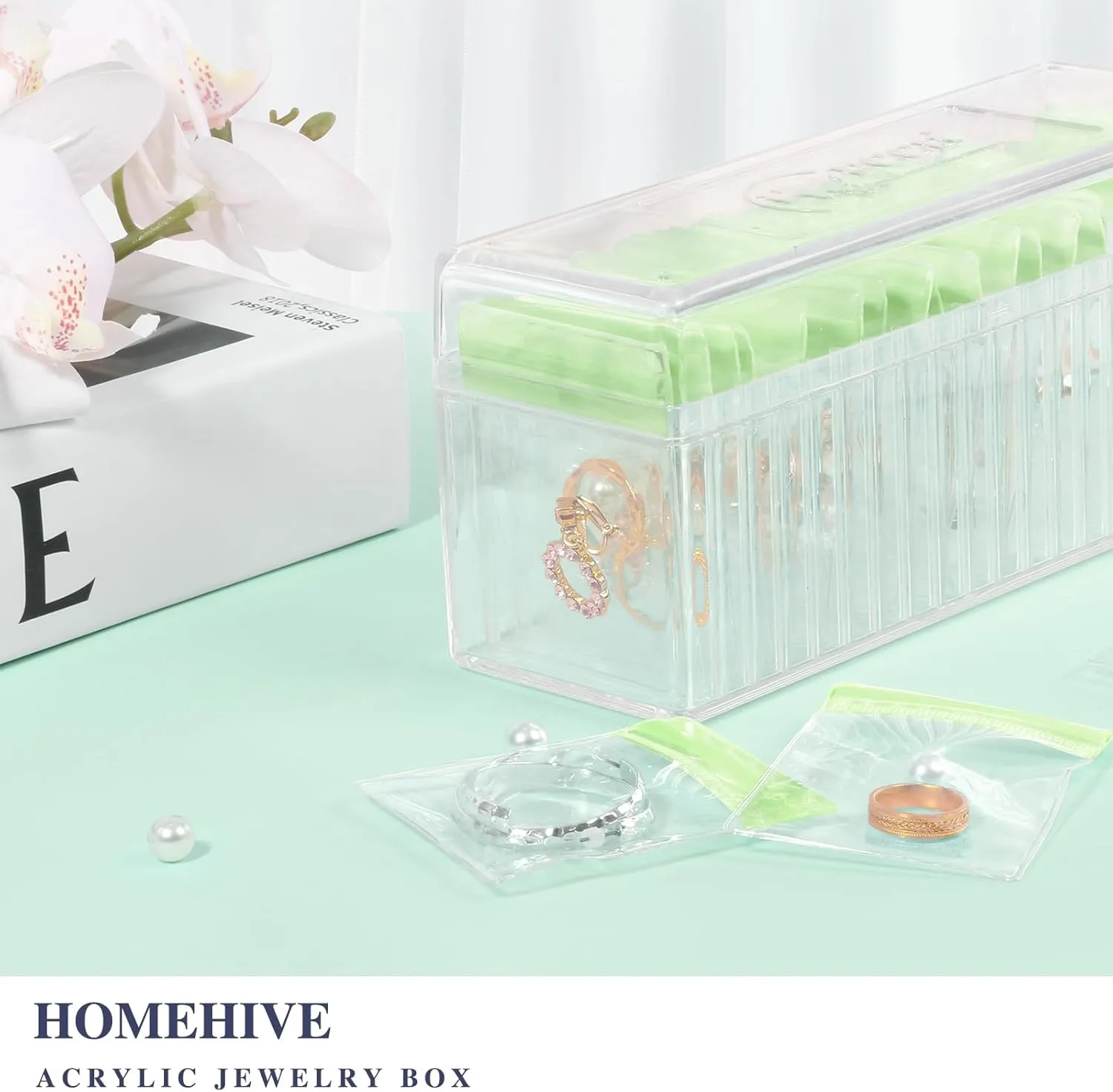 Acrylic Jewelry Box Organizer, Clear Jewelry Organizer Holder with 20 Portable Anti Tarnish Jewelry bags, Travel Jewelry Case for Earrings/Rings/Necklaces for Women Girls, Green
