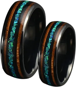 Aienid Matching Rings for Couples Women Mens Tungsten Wedding Bands Personalized 8MM Black Ring Inlay Opal and Wood