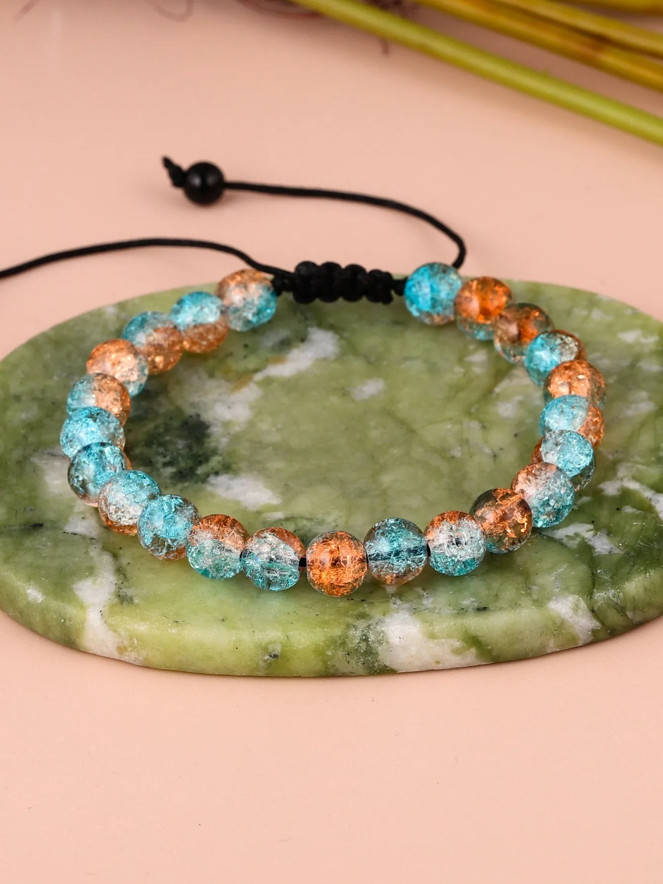 Amber Blue Minimalist Beaded Bracelet for Women Men Adjustable Knot Crafted