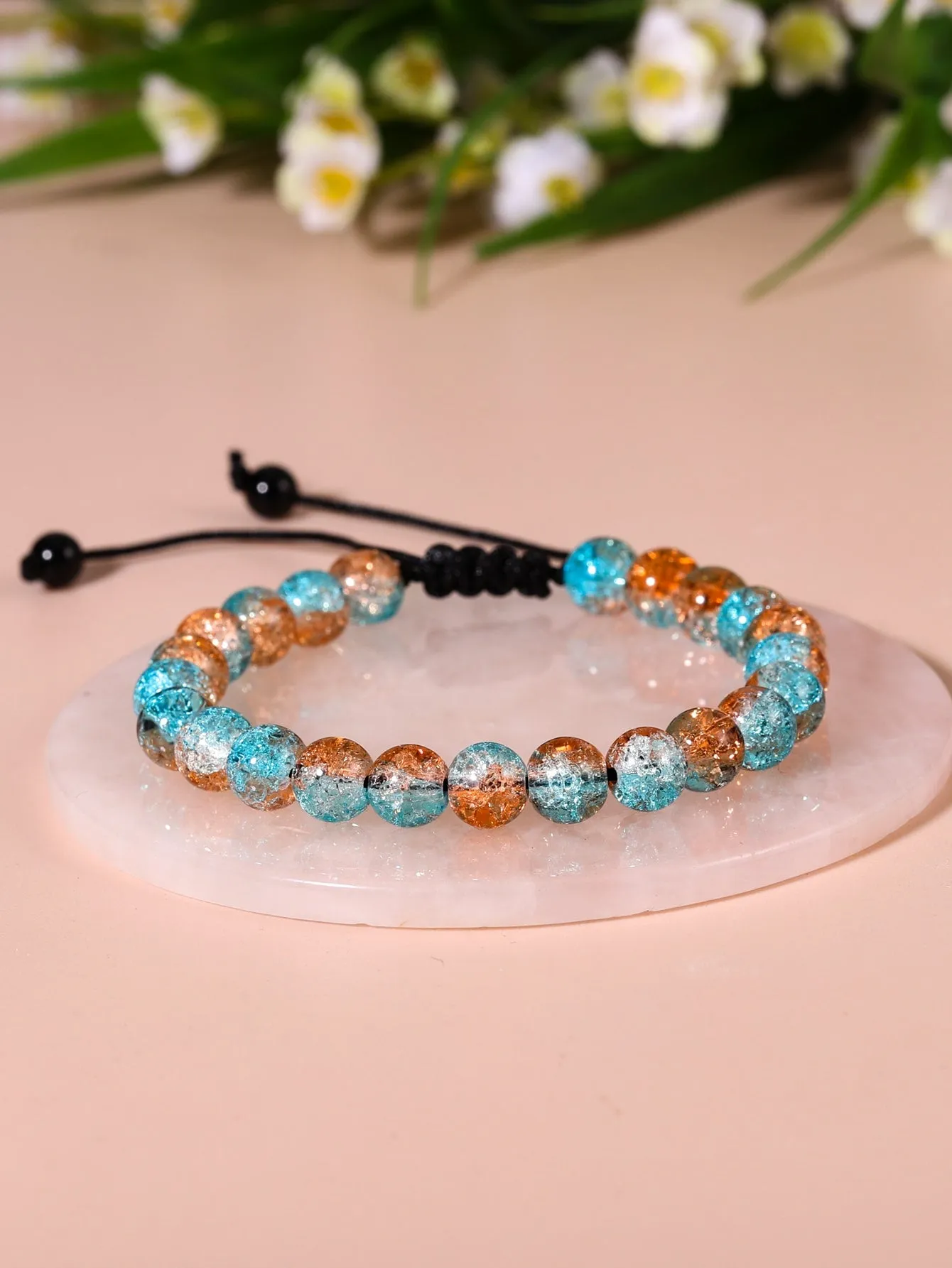 Amber Blue Minimalist Beaded Bracelet for Women Men Adjustable Knot Crafted