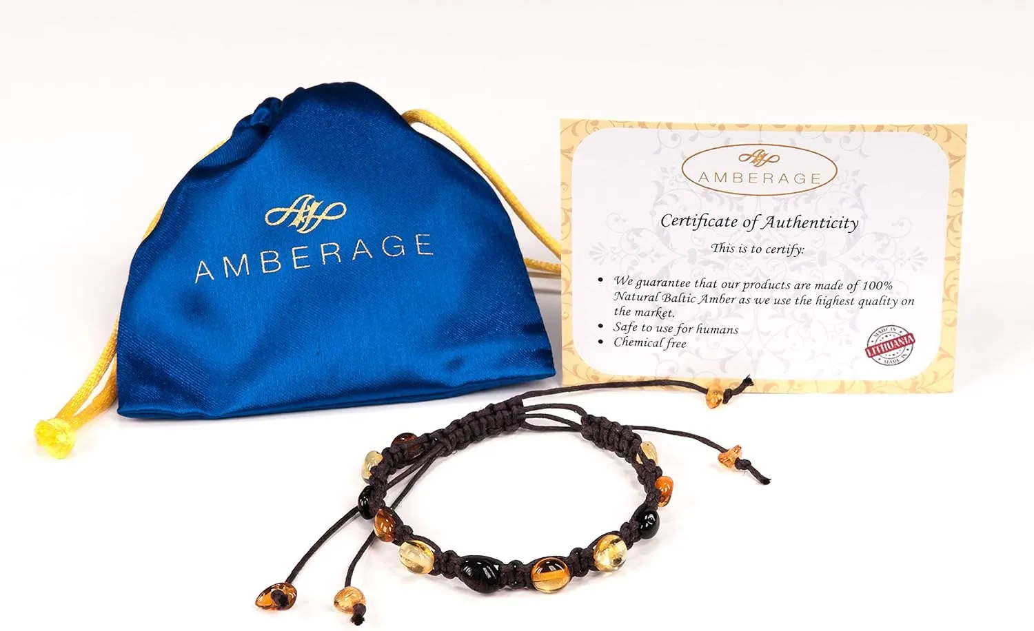 AMBERAGE Friendship Braided Bracelets with Natural Baltic Amber Beads for Adults/Teens- Hand Made (4 Colors)