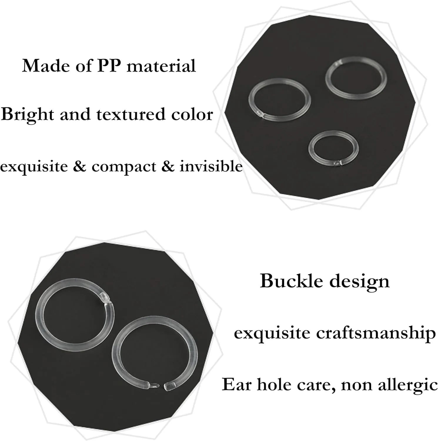 Anti-Allergy Plastic Hoop Ear Retainers, Clear Nose Rings, With Buckle, 16G 18G 20G, 6-12mm Rings For Sensitive Ears & Skin