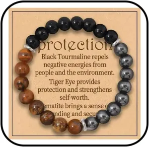 Anxiety Beaded Bracelet for Women Natural Healing Crystal Bracelet Yoga Beads Chakra Bracelets Triple Protection Bracelet Handmade Stretch Fidget Bracelet Tiger Eyes Bracelet for Men Good Luck Jewelry