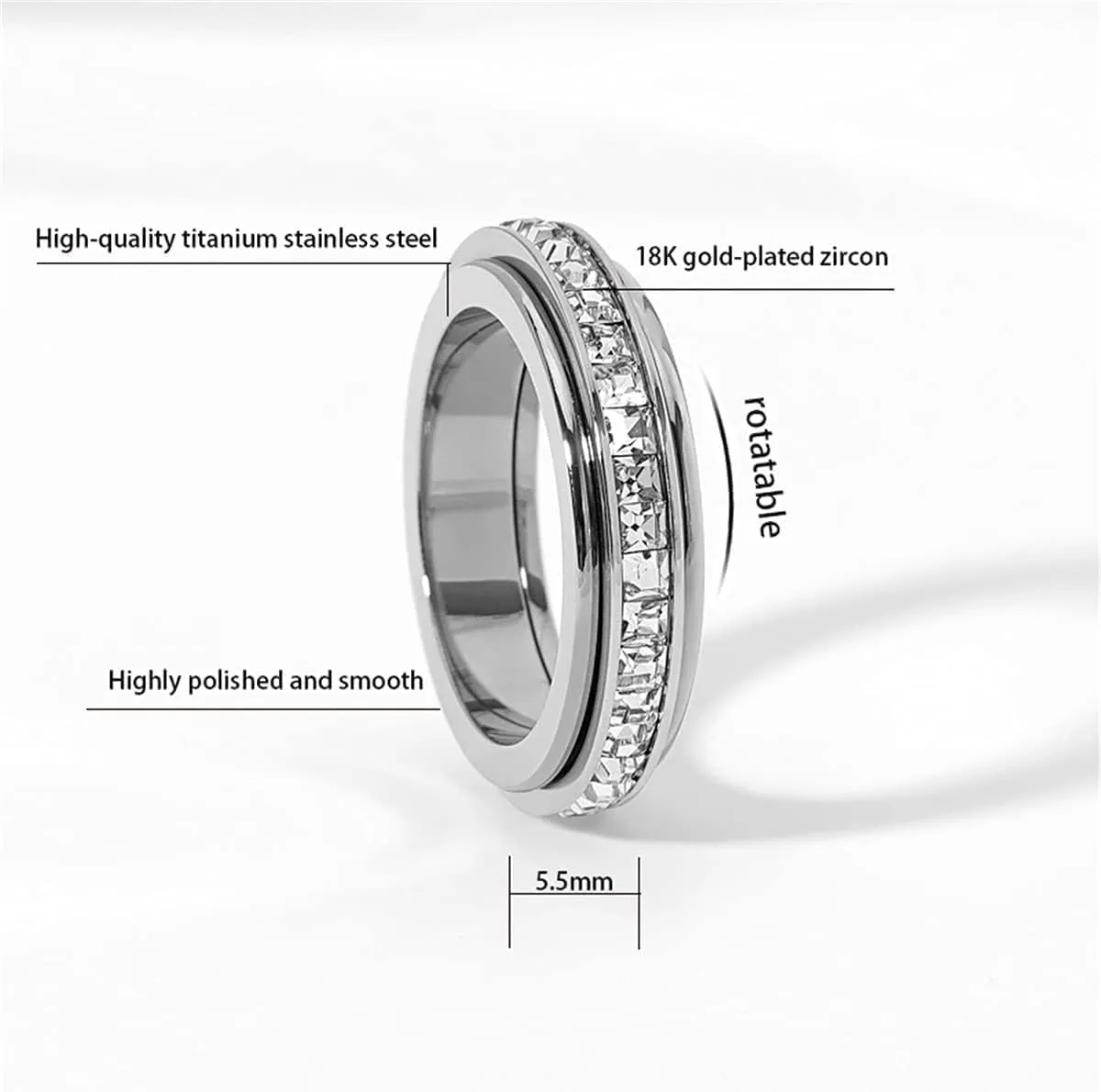 Anxiety Rings for Women Titanium Steel Spinner Fidget Band Rings Cubic Zirconia Relieving Anxiety Wedding Promise Lucky Rings Comfort Fit Size 5 to 10
