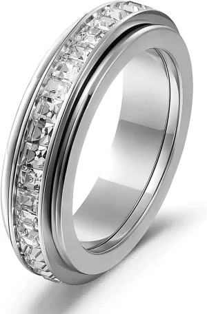 Anxiety Rings for Women Titanium Steel Spinner Fidget Band Rings Cubic Zirconia Relieving Anxiety Wedding Promise Lucky Rings Comfort Fit Size 5 to 10