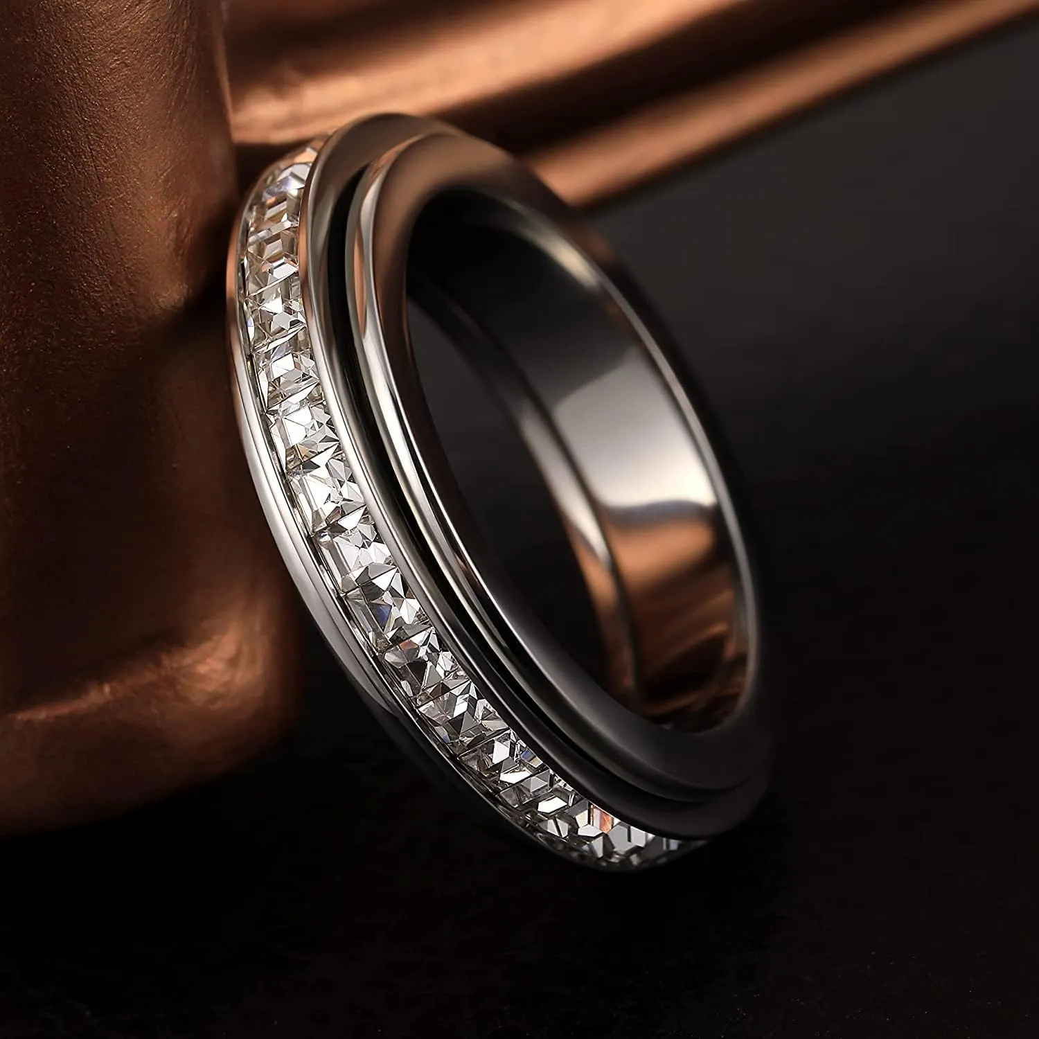 Anxiety Rings for Women Titanium Steel Spinner Fidget Band Rings Cubic Zirconia Relieving Anxiety Wedding Promise Lucky Rings Comfort Fit Size 5 to 10
