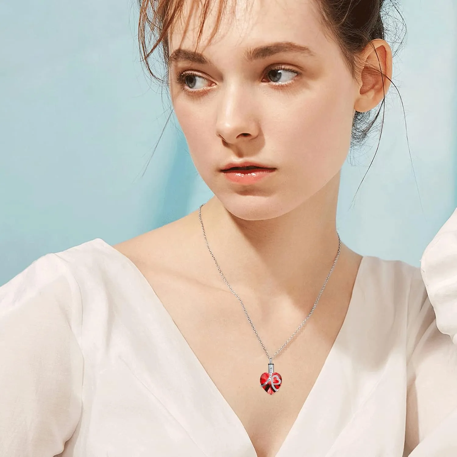 AOBOCO Heart URN Necklace S925 Sterling Silver Cremation Necklaces for Ashes Embellished with Crystals from Austria, Fine Keepsake Memorial Jewelry (Package including a Necklace/Pin/Funnel)