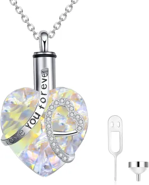 AOBOCO Heart URN Necklace S925 Sterling Silver Cremation Necklaces for Ashes Embellished with Crystals from Austria, Fine Keepsake Memorial Jewelry (Package including a Necklace/Pin/Funnel)