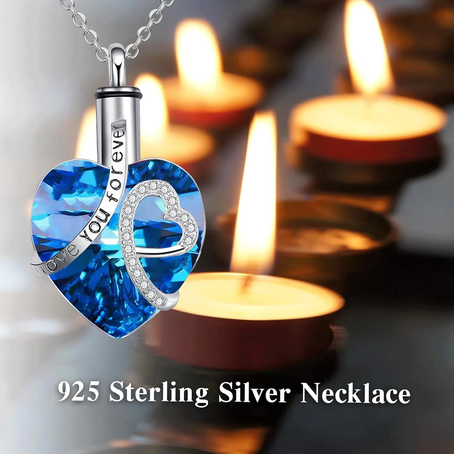 AOBOCO Heart URN Necklace S925 Sterling Silver Cremation Necklaces for Ashes Embellished with Crystals from Austria, Fine Keepsake Memorial Jewelry (Package including a Necklace/Pin/Funnel)