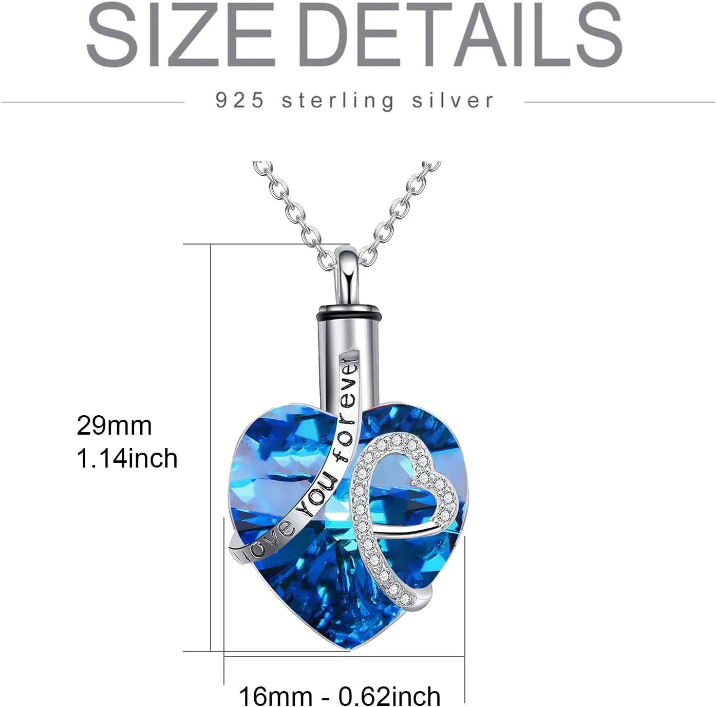 AOBOCO Heart URN Necklace S925 Sterling Silver Cremation Necklaces for Ashes Embellished with Crystals from Austria, Fine Keepsake Memorial Jewelry (Package including a Necklace/Pin/Funnel)