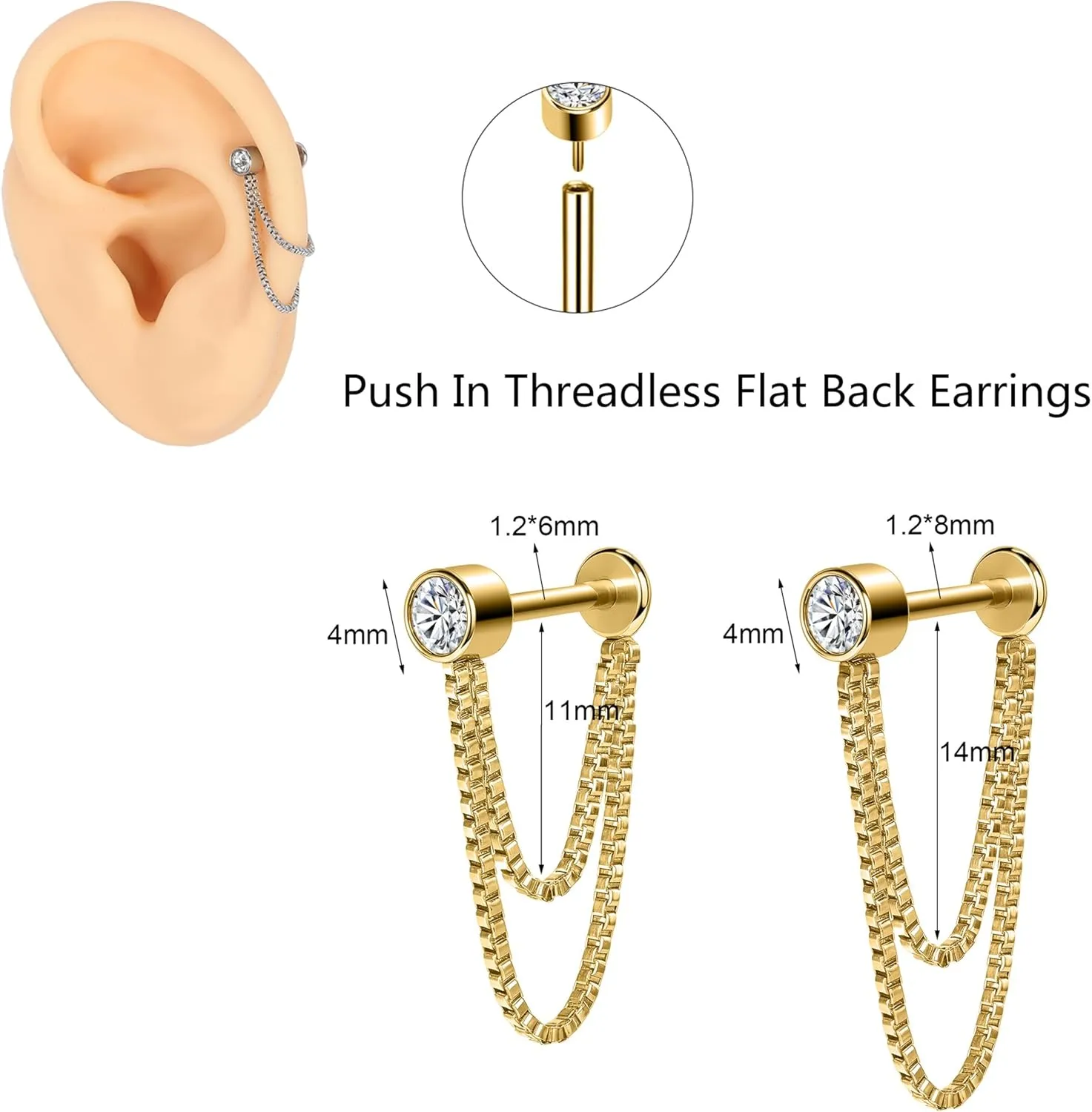 AoedeJ 2 Pairs Stud Earrings for Cartilage - Threadless Flat Back Earrings for Women