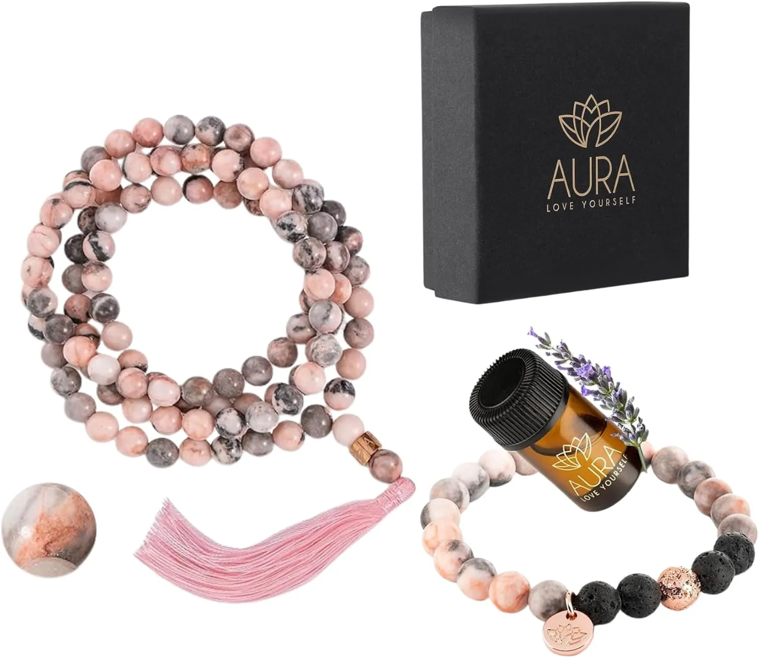 AURA LOVE YOURSELF 108 Mala Beads with Pink Lava Rock Bracelet Lavender Essential Oil Bracelets Mala Prayer Bead Necklace Buddhist prayer beads bracelet for Yoga Meditation Gifts for Mom