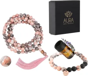 AURA LOVE YOURSELF 108 Mala Beads with Pink Lava Rock Bracelet Lavender Essential Oil Bracelets Mala Prayer Bead Necklace Buddhist prayer beads bracelet for Yoga Meditation Gifts for Mom